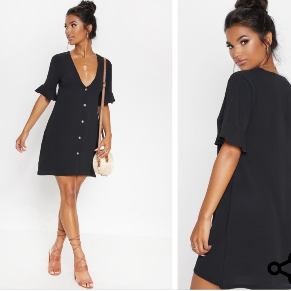 PLT Pretty Little Thing Women’s LBD Dress Mini Ruffle Sleeve Black Oversized NWT